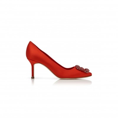 MANOLO BLAHNIK HANGISI RED 70 RED SATIN JEWEL BUCKLE PUMPS 422-1472-0001